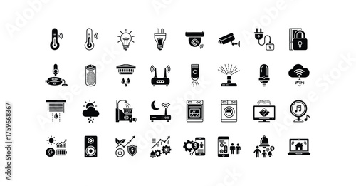 A collection of black and white smart home device icons arranged in a grid pattern on white silhouette