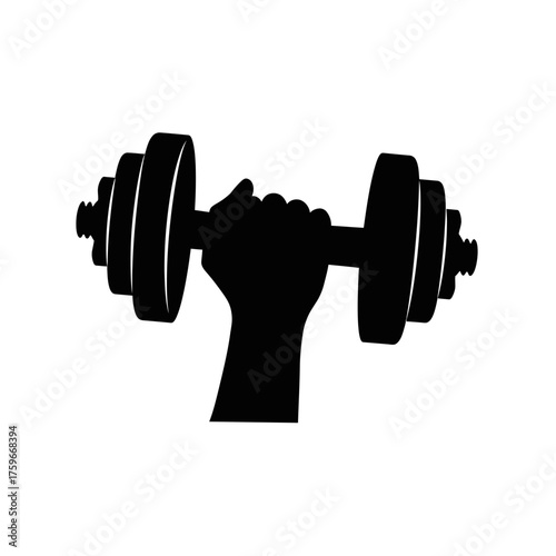 Silhouette of a powerful hand gripping a heavy dumbbell symbolizing strength and fitness Vector illustration isolated on white background
