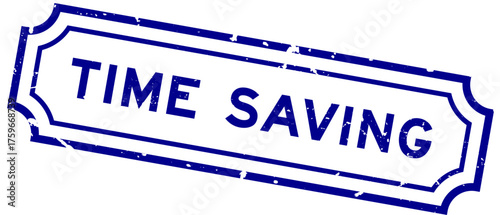 Grunge blue time saving word rubber seal stamp on white background