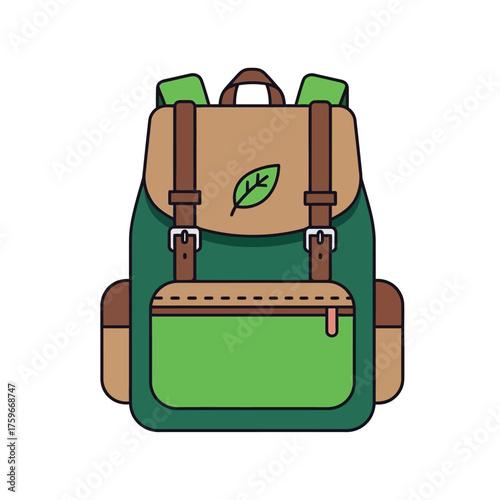 A flat of a green and tan backpack with a leaf emblem.
