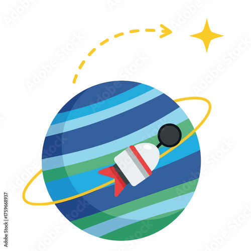 A stylized rocket travels tods a star, orbiting a striped planet.