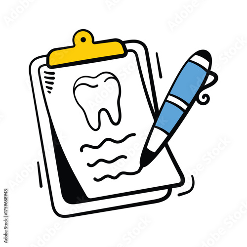 A flat design icon of a clipboard containing a dental patient record.