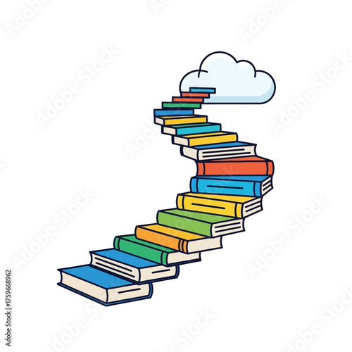 A winding staircase made of books leads up to a cloud.