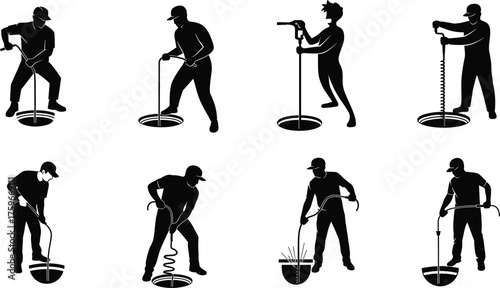 Drain cleaning worker silhouette, plumbing maintenance tools, pipe unclogging techniques, professional plumber service, flat vector illustration for education