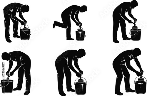 Cleaning worker silhouette, bucket sponge action, hygiene routine illustration, wringing cloth technique, flat vector for educational, instructional, maintenance use