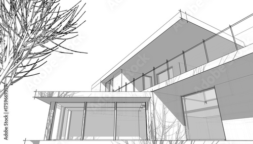 Architectural sketch of modern building 3d rendering