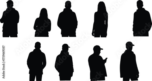 Silhouette of men and women in casual outfits standing and posing, black vector illustration for fashion, urban, lifestyle design