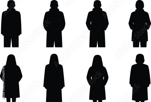 Silhouette collection of men and women in winter clothing, standing poses, casual fashion coat design vector illustration isolated set