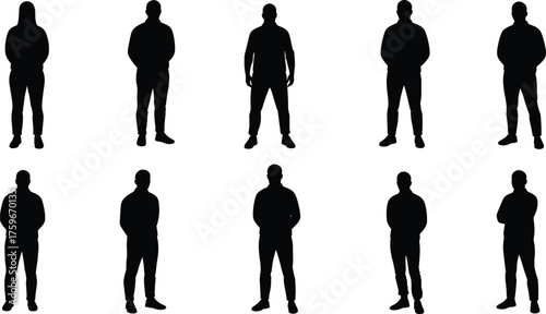 Silhouette of man standing in various poses, full body male figure collection isolated on white background, vector illustration design