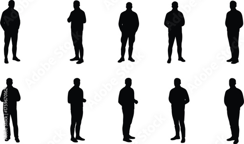 Silhouette of man standing in multiple poses isolated on white background, vector illustration of male figure body posture collection