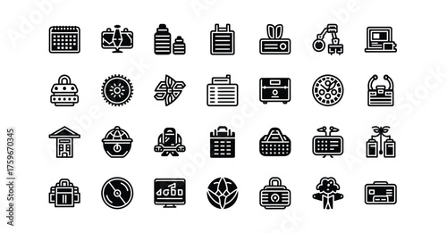 A collection of various black and white icons arranged in a grid pattern on a white background silhouette