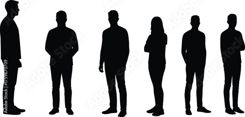 Silhouettes of diverse men and woman standing in various poses, black human figures, full body outlines isolated on white background