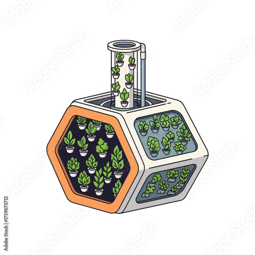 Futuristic hexagonal indoor farm with vertical plant growth system.