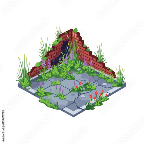 Overgrown ruins with brick walls and cobblestone path.