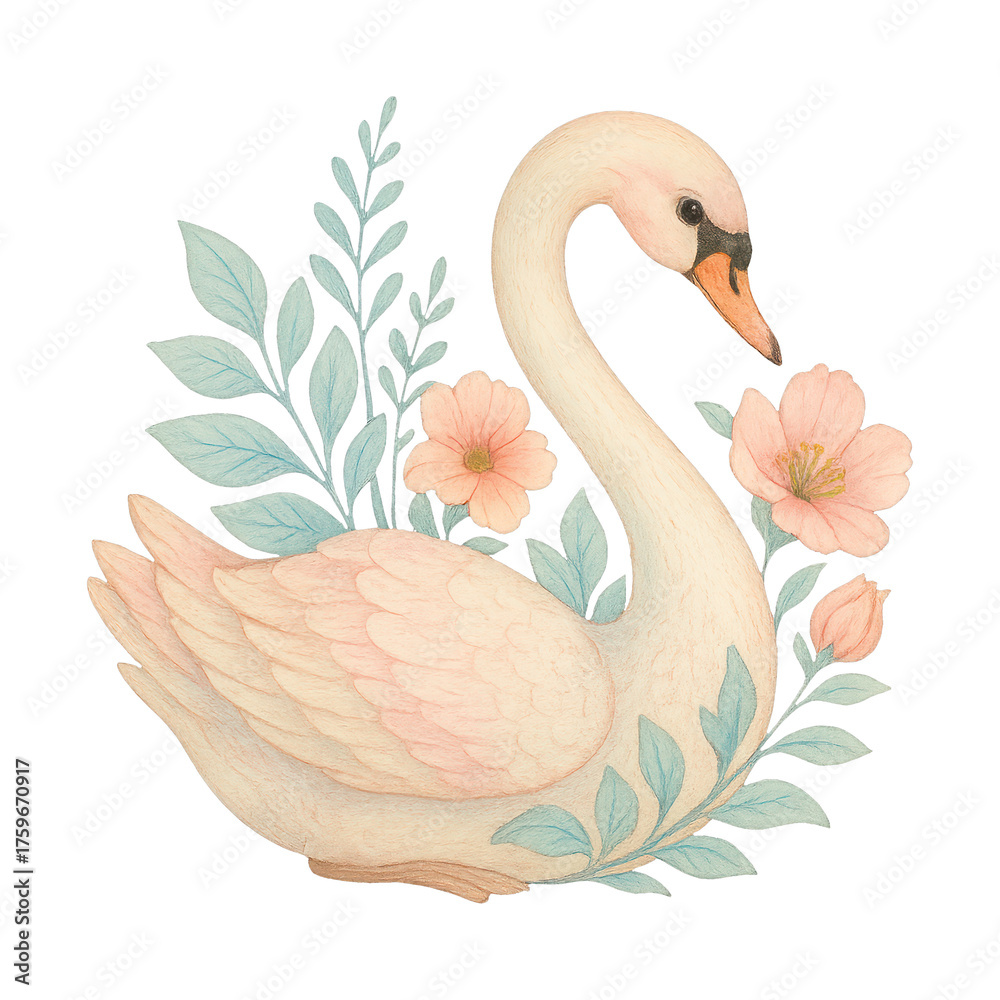 Obraz premium PNG Elegant swan with floral accents.