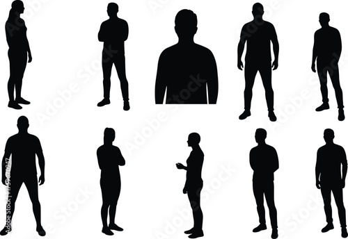 Collection of standing male silhouettes in different casual poses, vector people design on white background, modern human outline illustration