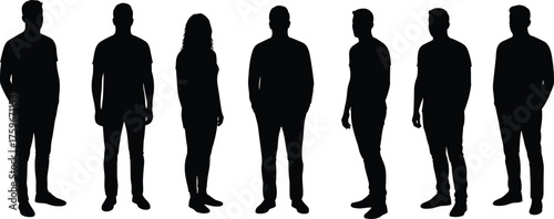 Silhouettes of men and woman standing in different poses, black outline people figures, full body vector illustration on white background