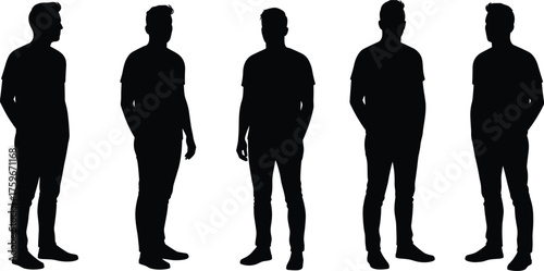 Silhouette of man standing in multiple poses isolated on white background, male body outline, human figure, front and side view vector