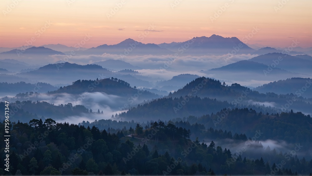 Obraz premium Serene Misty Mountains at Dawn, Layers of Blue Hues and Pastel Sky