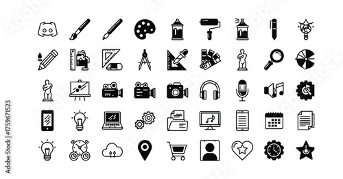 A collection of various black and white icons representing art, design, and technology elements silhouette