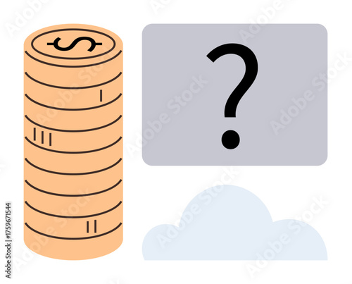 Stack of coins next to a question mark and a cloud suggests financial uncertainty, decision-making, risk, and ambiguity. Ideal for economy, investment, savings, risk, finance business