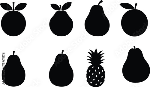 Collection of fruit silhouette icons vector illustration, orange, pear, pineapple, minimal black shapes, healthy food, organic design concept