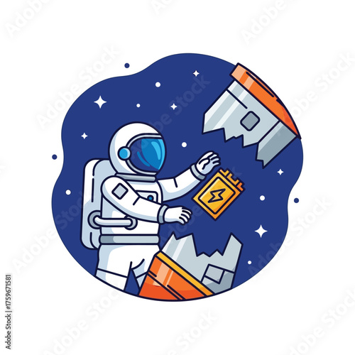 Astronaut fixing a broken rocket in space with a battery.