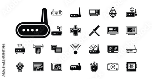 Collection of various black and white technology and communication related vector icons set up nicely silhouette