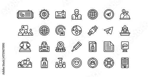 A collection of black and white line art icons depicting various business and global concepts silhouette