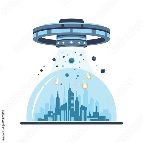 A UFO hovers over a city under a protective dome, raining down meteors.