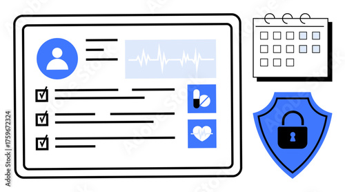 Health profile with checklist, vital signs, and pills next to calendar and lock shield for secure data. Ideal for healthcare, technology, data privacy, organization, scheduling, medical safety