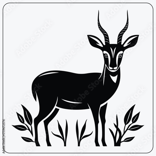 Stylized antelope illustration. Elegant gazelle or impala with horns standing in grass. Black and white vector graphic for a wildlife or safari logo.