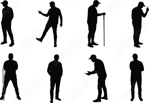 Silhouette of men standing, walking, and gesturing in various poses, isolated on white background, business concept, teamwork, communication, lifestyle