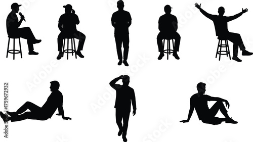 Silhouette of people sitting on stools and floor, talking, gesturing, walking, and relaxing on white background, lifestyle, teamwork, communication concept