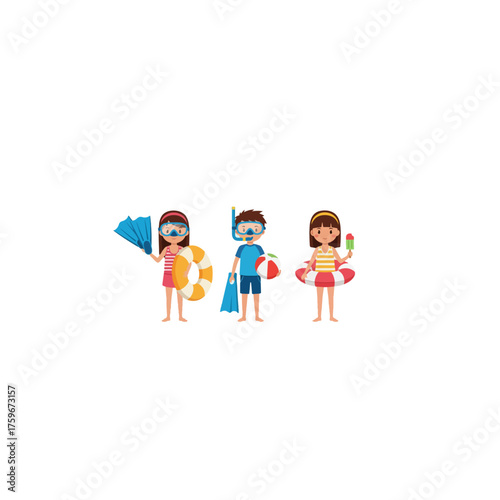 Three Children Ready for Summer Fun at the Beach.