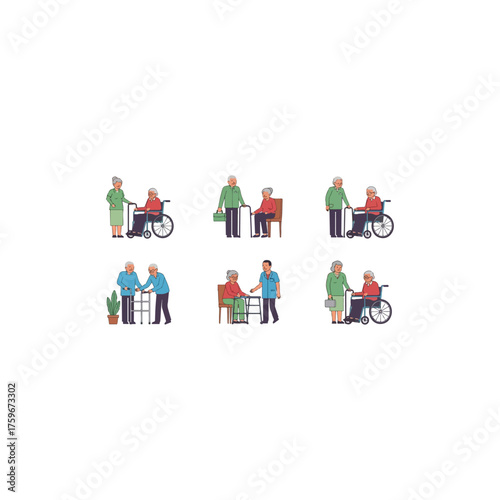 Elderly people interacting with each other in various settings.
