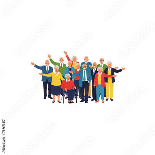 Group of Elderly People Posing Together in Colorful Outfits.