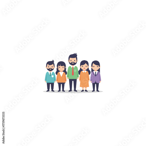 Group of Five Cartoon People Standing Together in a Row.