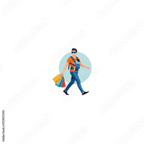 Man Walking with Shopping Bags and Baby Carrier.