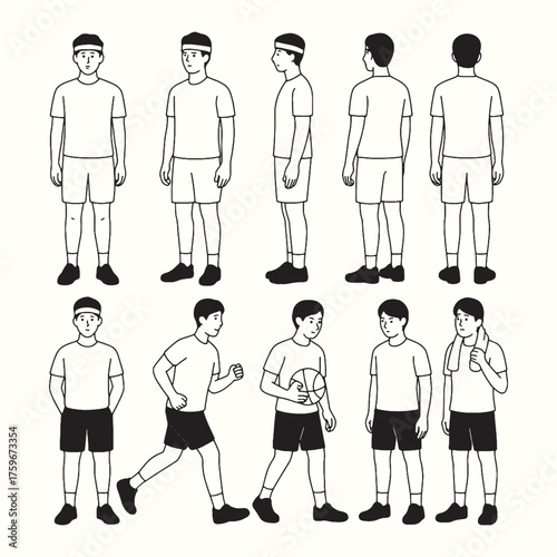 Vector illustration of male athletes in various sports poses, ideal for training, fitness infographics, or motion study artworks.