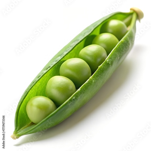 Fresh Green Pea Pod with Six Peas on White Background