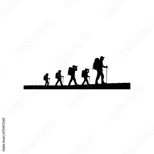 Silhouette of hikers ascending a hill representing progress and determination in life.
