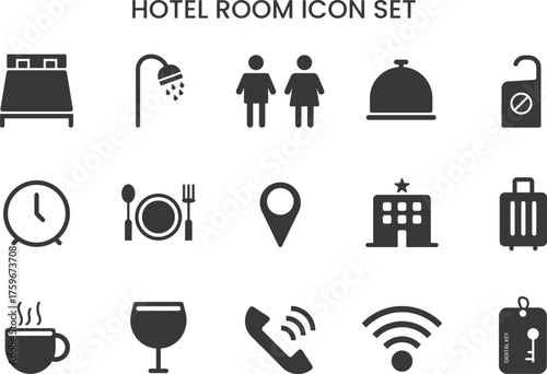 Hotel service icon set. Hotel room icons. black solid vector symbols for travel, accommodation, hospitality, amenities, food, fitness, swimming, parking, 24-hour service, and airport transfer