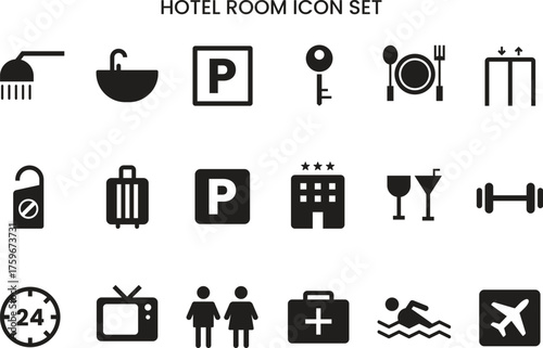 Hotel service icon set. Hotel room icons. black solid vector symbols for travel, accommodation, hospitality, amenities, food, fitness, swimming, parking, 24-hour service, and airport transfer