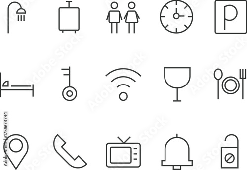 Editable Hotel service icon set. Hotel icons. black solid vector symbols for travel, accommodation, hospitality, amenities, food, fitness, swimming, parking, 24-hour service, and airport transfer