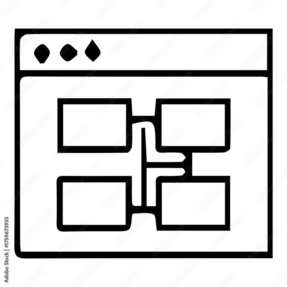 Fototapeta premium Workflow Diagram in Browser Window Icon. Network Architecture and Decentralization Concept Line Art.