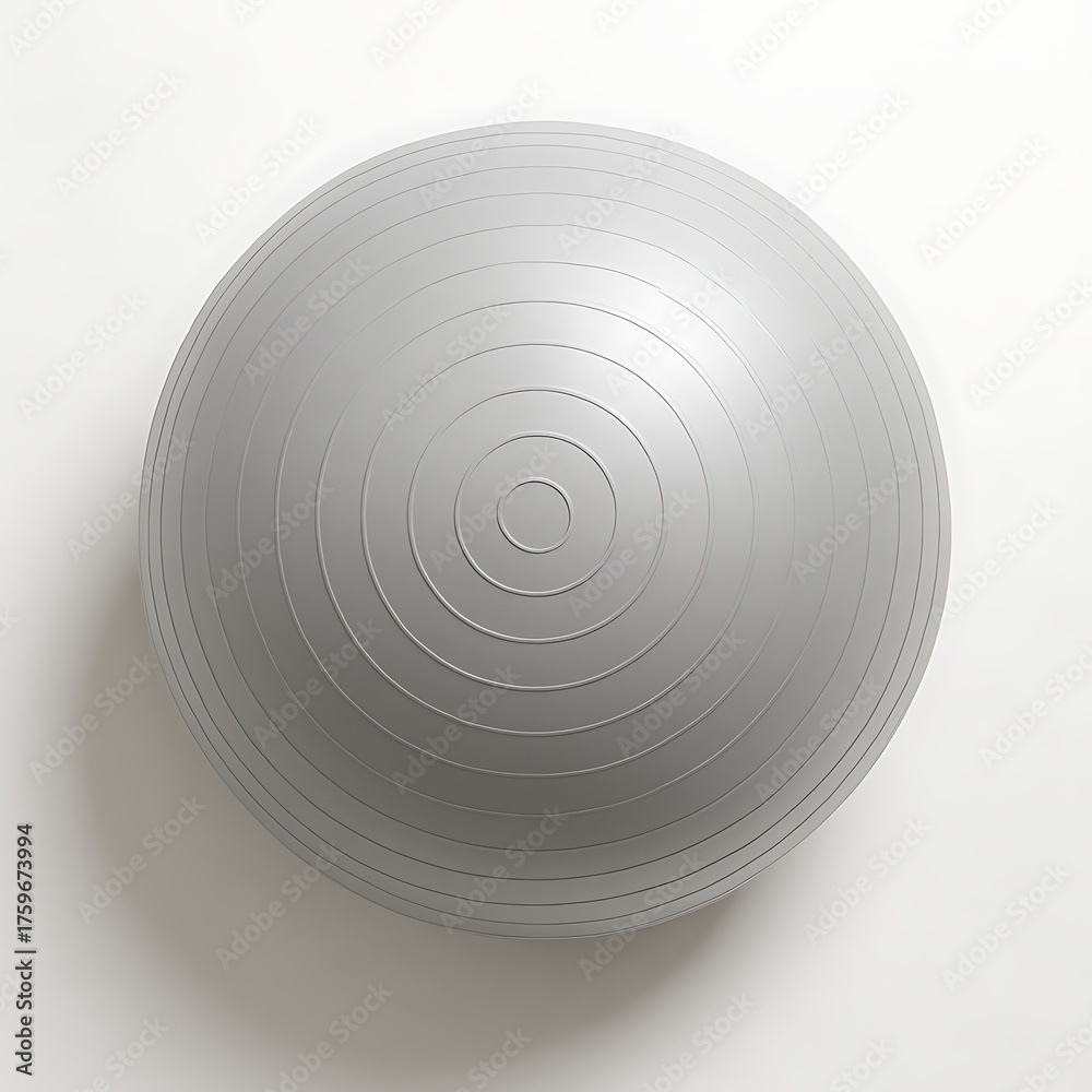 Fototapeta premium Silver fitness ball top view isolated on white background, modern gym accessory flat lay, minimalist studio lighting