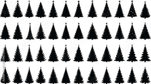 Silhouette collection of Christmas pine trees with stars, black vector tree set for winter holiday, festive decoration, and seasonal design