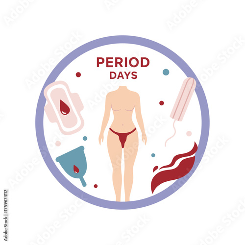 Illustration of women's health care covering period days, feminine hygiene products, menstrual cycle and related items such as pads, menstrual cups, tampons, and blood flow