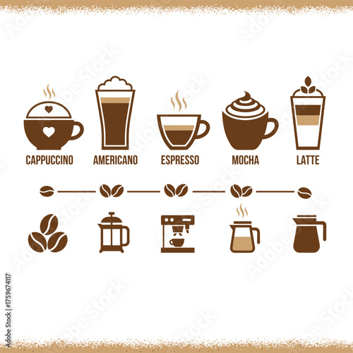 Background featuring coffee, a collection of coffee-related signs, icons, and symbols for menu design, including cappuccino, americano, espresso, mocha, latte, various coffee drinks, cups, beans, and
